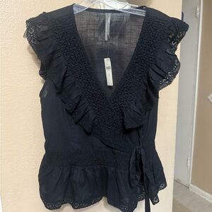 Anthropologie Black Ruffled Flutter Sleeve Top